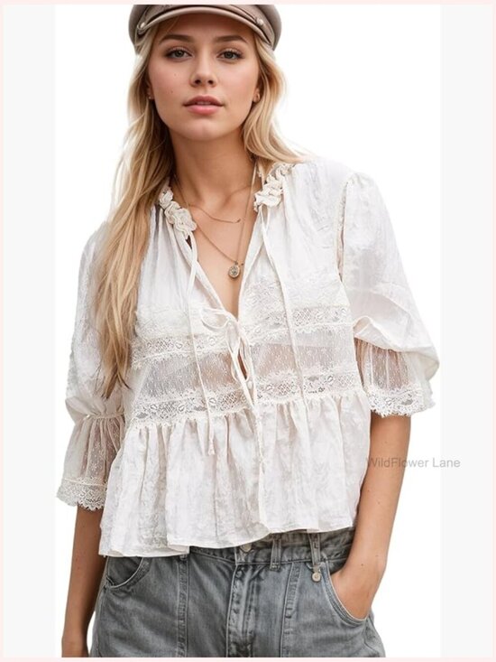 Tops - Tie Front Ruffle Boho Lace Crop Top Sheer Y2k Peasant Blouse Cute Going Out